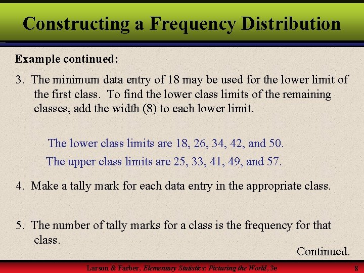 Constructing a Frequency Distribution Example continued: 3. The minimum data entry of 18 may