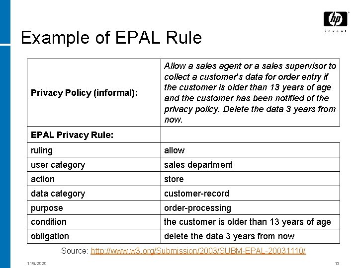 Example of EPAL Rule Privacy Policy (informal): Allow a sales agent or a sales