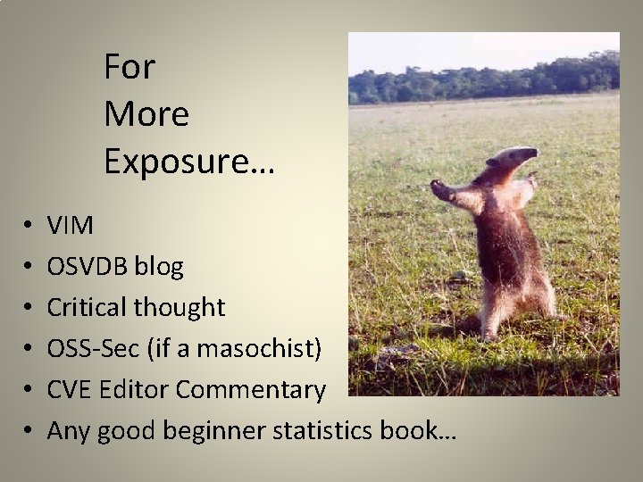 For More Exposure… • • • VIM OSVDB blog Critical thought OSS-Sec (if a