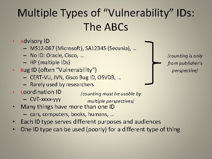 Multiple Types of “Vulnerability” IDs: The ABCs • Advisory ID – MS 12 -067