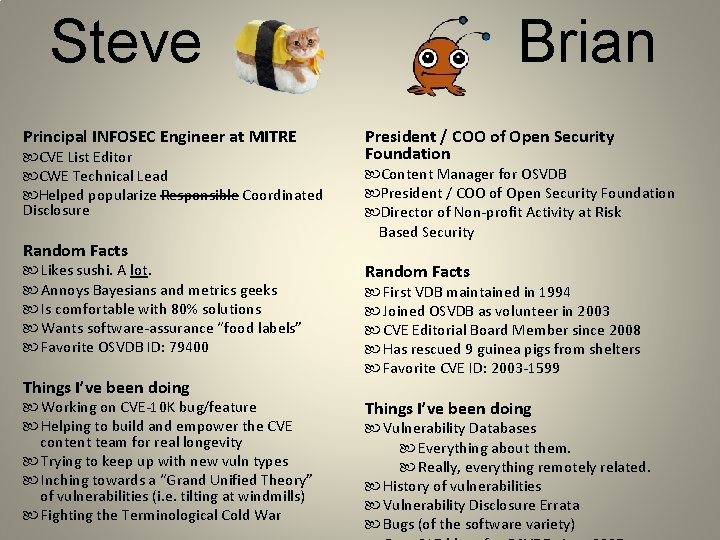 Steve Principal INFOSEC Engineer at MITRE CVE List Editor CWE Technical Lead Helped popularize