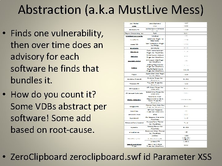 Abstraction (a. k. a Must. Live Mess) • Finds one vulnerability, then over time