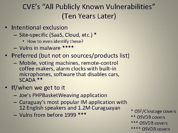 CVE’s “All Publicly Known Vulnerabilities” (Ten Years Later) • Intentional exclusion – Site-specific (Saa.