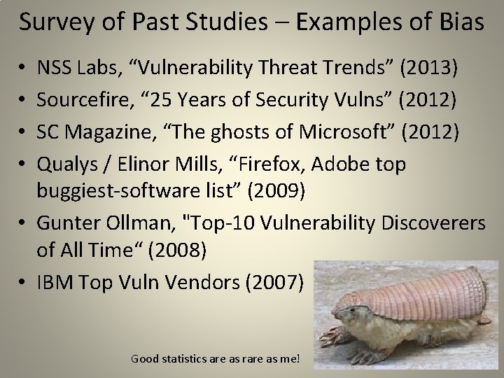 Survey of Past Studies – Examples of Bias NSS Labs, “Vulnerability Threat Trends” (2013)