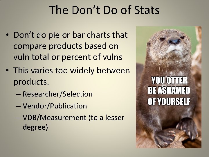 The Don’t Do of Stats • Don’t do pie or bar charts that compare