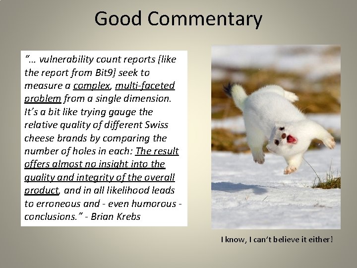Good Commentary “… vulnerability count reports [like the report from Bit 9] seek to