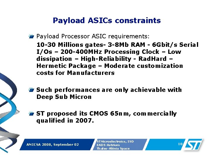 Payload ASICs constraints Payload Processor ASIC requirements: 10 -30 Millions gates- 3 -8 Mb