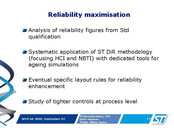 Reliability maximisation Analysis of reliability figures from Std qualification Systematic application of ST Di.