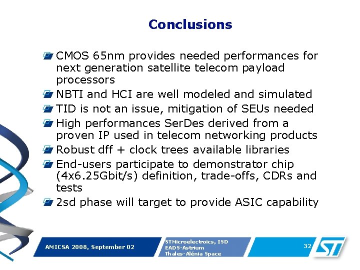 Conclusions CMOS 65 nm provides needed performances for next generation satellite telecom payload processors