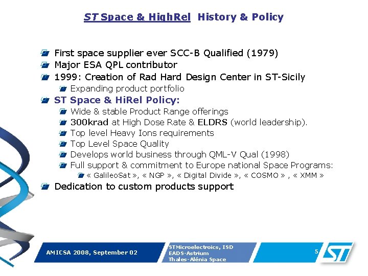 ST Space & High. Rel History & Policy First space supplier ever SCC-B Qualified
