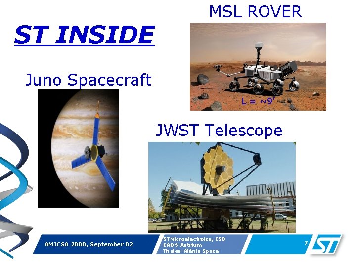 ST INSIDE MSL ROVER Juno Spacecraft L = ~9’ JWST Telescope AMICSA 2008, September