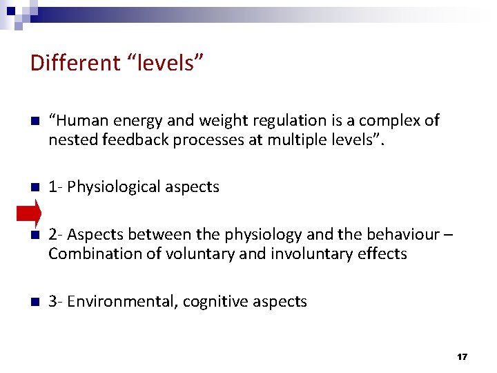 Different “levels” n “Human energy and weight regulation is a complex of nested feedback
