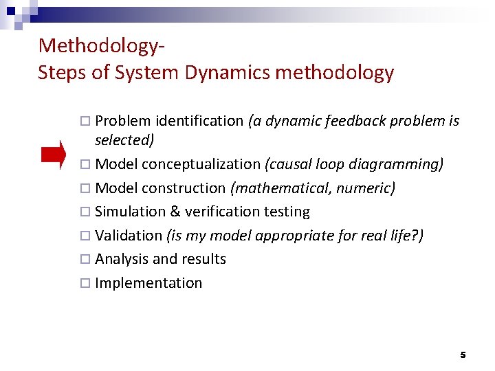 Methodology- Steps of System Dynamics methodology ¨ Problem identification (a dynamic feedback problem is
