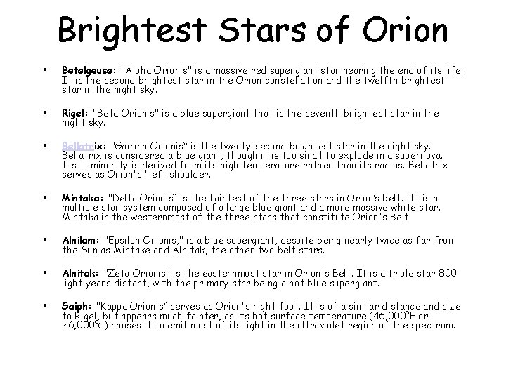 Brightest Stars of Orion • Betelgeuse: "Alpha Orionis" is a massive red supergiant star