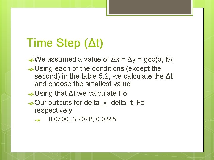 Time Step (Δt) We assumed a value of Δx = Δy = gcd(a, b) Time Step (Δt) We assumed a value of Δx = Δy = gcd(a, b)
