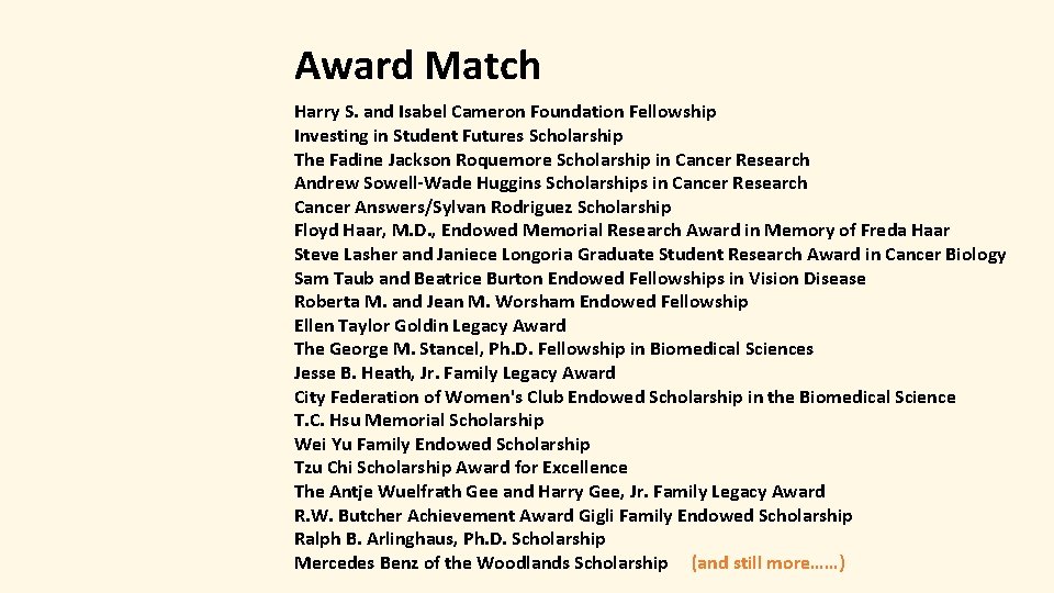 Award Match Harry S. and Isabel Cameron Foundation Fellowship Investing in Student Futures Scholarship
