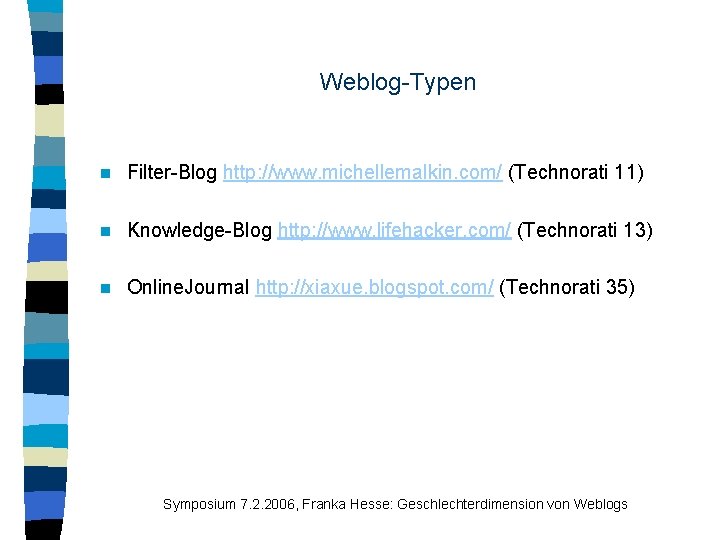 Weblog-Typen n Filter-Blog http: //www. michellemalkin. com/ (Technorati 11) n Knowledge-Blog http: //www. lifehacker.
