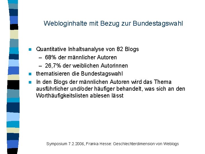 Webloginhalte mit Bezug zur Bundestagswahl Quantitative Inhaltsanalyse von 82 Blogs – 68% der männlicher