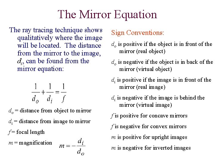 The Mirror Equation The ray tracing technique shows qualitatively where the image will be