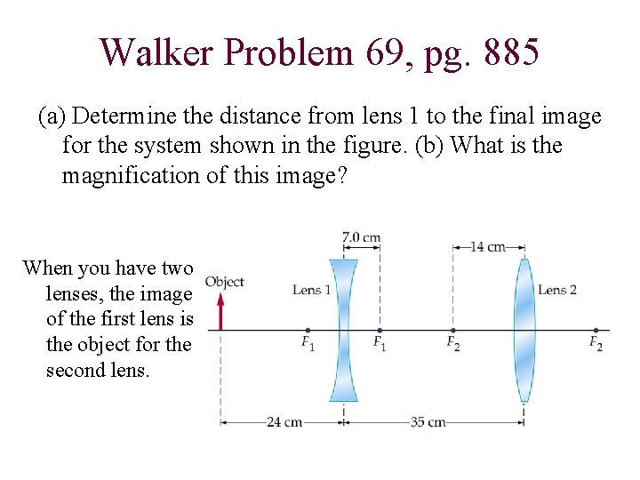 Walker Problem 69, pg. 885 (a) Determine the distance from lens 1 to the Walker Problem 69, pg. 885 (a) Determine the distance from lens 1 to the