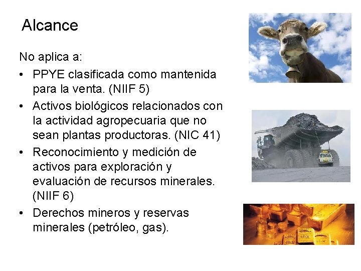 Alcance No aplica a: • PPYE clasificada como mantenida para la venta. (NIIF 5)