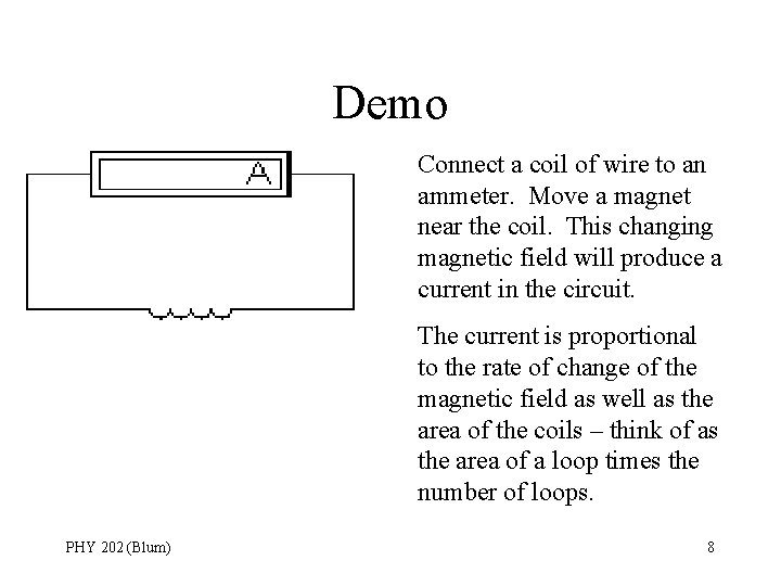 Demo Connect a coil of wire to an ammeter. Move a magnet near the