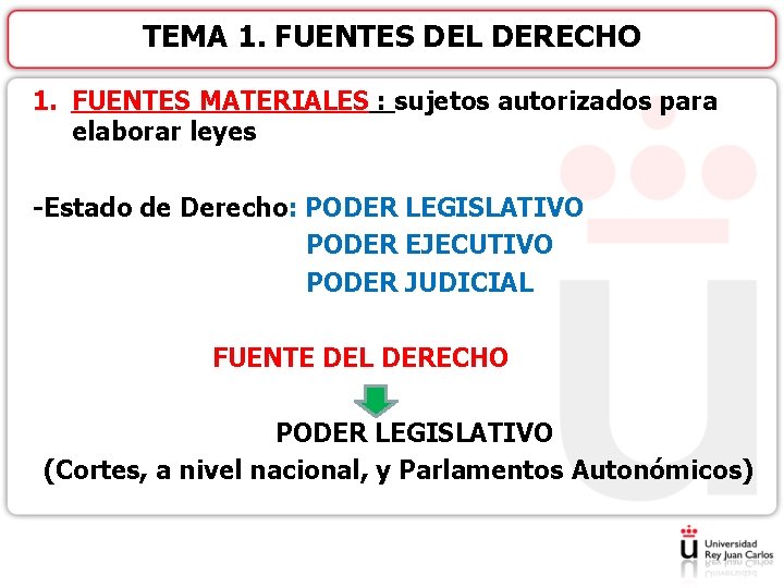 TEMA 1. FUENTES DEL DERECHO 1. FUENTES MATERIALES : sujetos autorizados para elaborar leyes