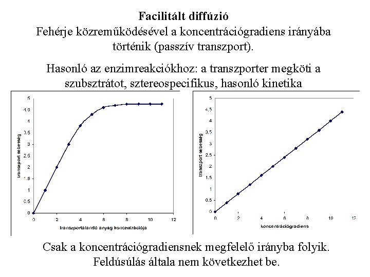 Facilitált diffúzió Fehérje közreműködésével a koncentrációgradiens irányába történik (passzív transzport). Hasonló az enzimreakciókhoz: a