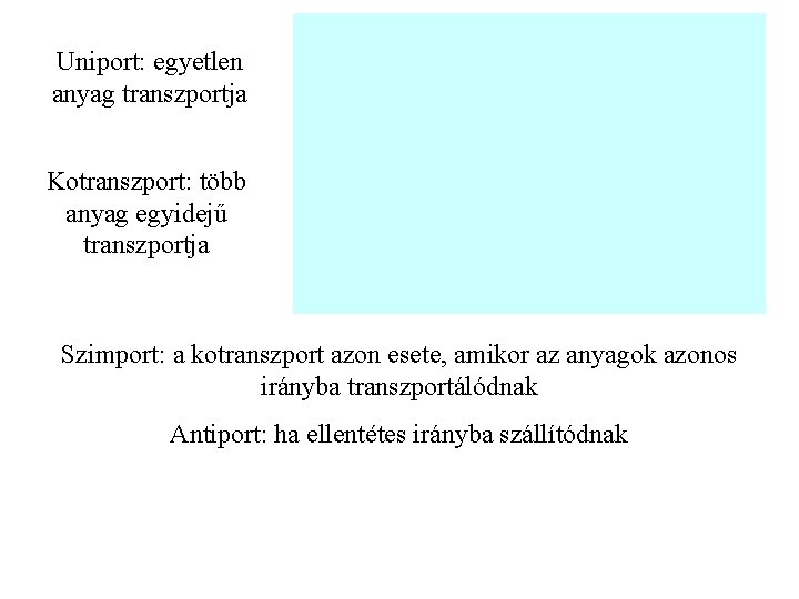 Uniport: egyetlen anyag transzportja Kotranszport: több anyag egyidejű transzportja Szimport: a kotranszport azon esete,