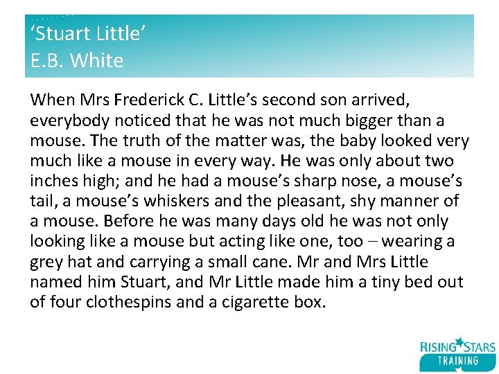 ‘Stuart Little’ E. B. White When Mrs Frederick C. Little’s second son arrived, everybody