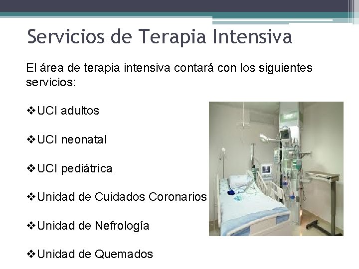 Servicios de Terapia Intensiva El área de terapia intensiva contará con los siguientes servicios: