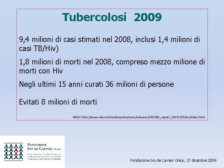 Tubercolosi 2009 9, 4 milioni di casi stimati nel 2008, inclusi 1, 4 milioni