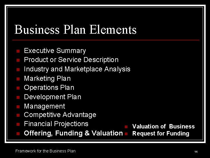 Business Plan Elements n n n n n Executive Summary Product or Service Description