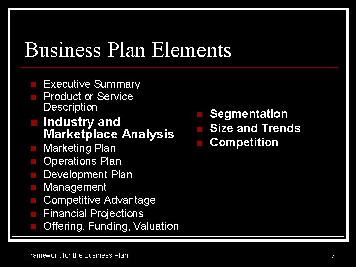 Business Plan Elements n n Executive Summary Product or Service Description n Industry and