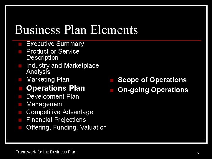 Business Plan Elements n Executive Summary Product or Service Description Industry and Marketplace Analysis