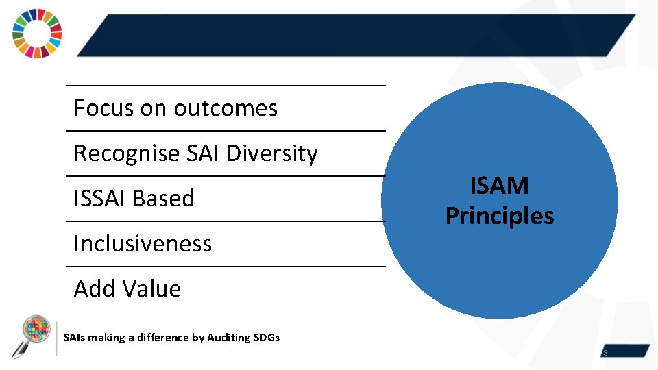 Focus on outcomes Recognise SAI Diversity ISSAI Based Inclusiveness ISAM Principles Add Value SAIs