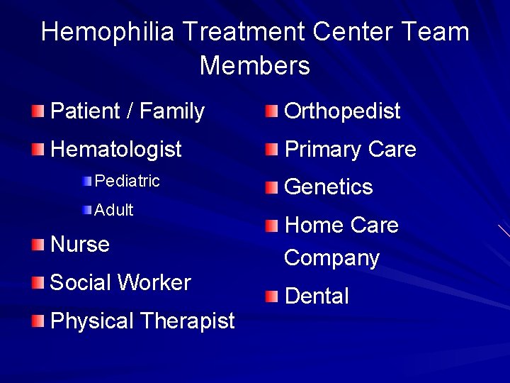 Hemophilia Treatment Center Team Members Patient / Family Orthopedist Hematologist Primary Care Pediatric Adult