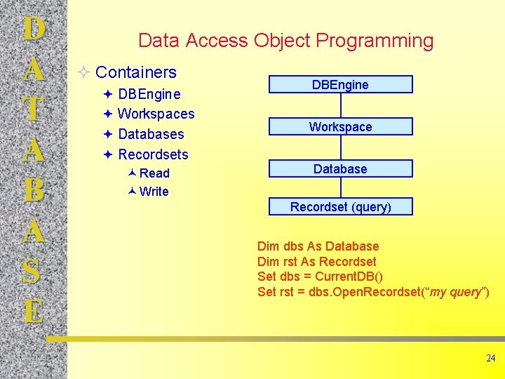D A T A B A S E Data Access Object Programming ² Containers D A T A B A S E Data Access Object Programming ² Containers