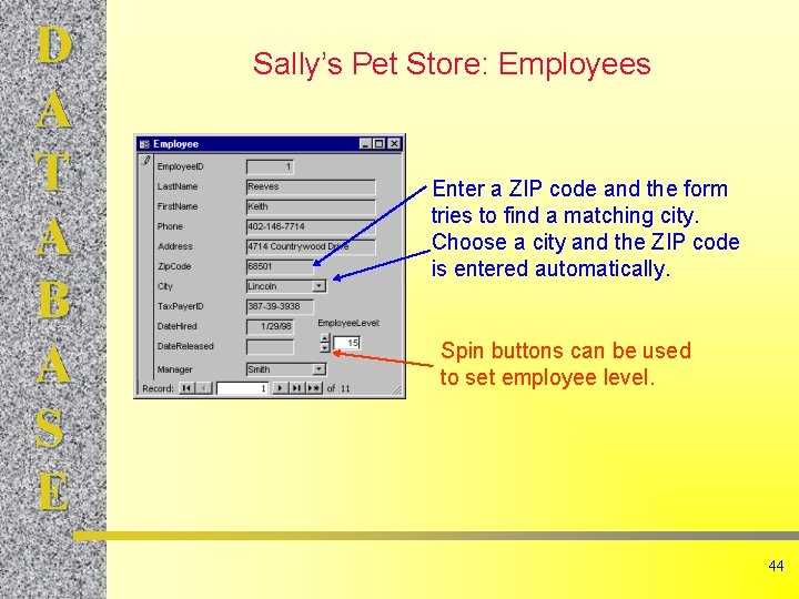 D A T A B A S E Sally’s Pet Store: Employees Enter a D A T A B A S E Sally’s Pet Store: Employees Enter a