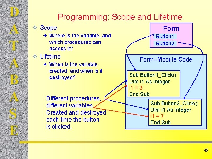 D A T A B A S E Programming: Scope and Lifetime ² Scope D A T A B A S E Programming: Scope and Lifetime ² Scope