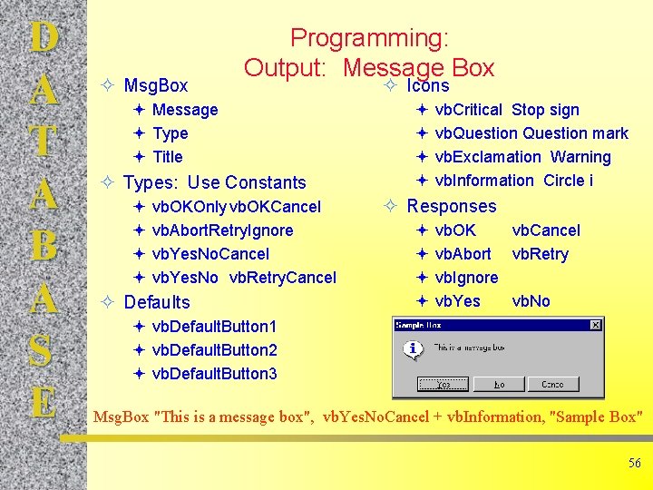 D A T A B A S E ² Msg. Box Programming: Output: Message D A T A B A S E ² Msg. Box Programming: Output: Message