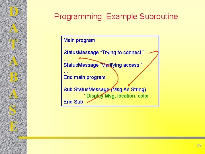 D A T A B A S E Programming: Example Subroutine Main program … D A T A B A S E Programming: Example Subroutine Main program …