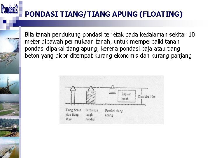 PONDASI TIANG/TIANG APUNG (FLOATING) Bila tanah pendukung pondasi terletak pada kedalaman sekitar 10 meter