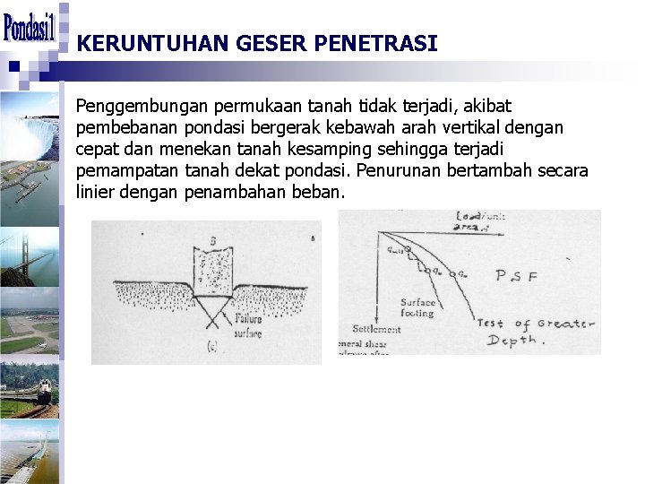 KERUNTUHAN GESER PENETRASI Penggembungan permukaan tanah tidak terjadi, akibat pembebanan pondasi bergerak kebawah arah