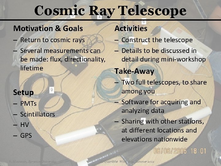 Cosmic Ray Telescope Motivation & Goals Activities – Return to cosmic rays – Several