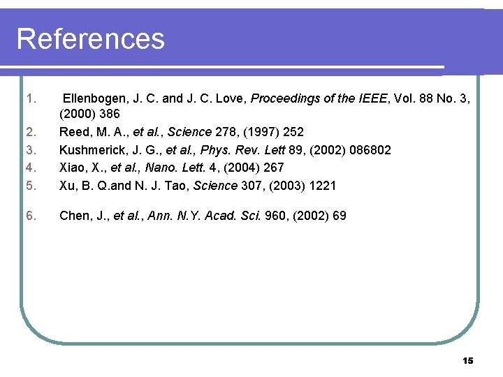 References 1. 2. 3. 4. 5. Ellenbogen, J. C. and J. C. Love, Proceedings