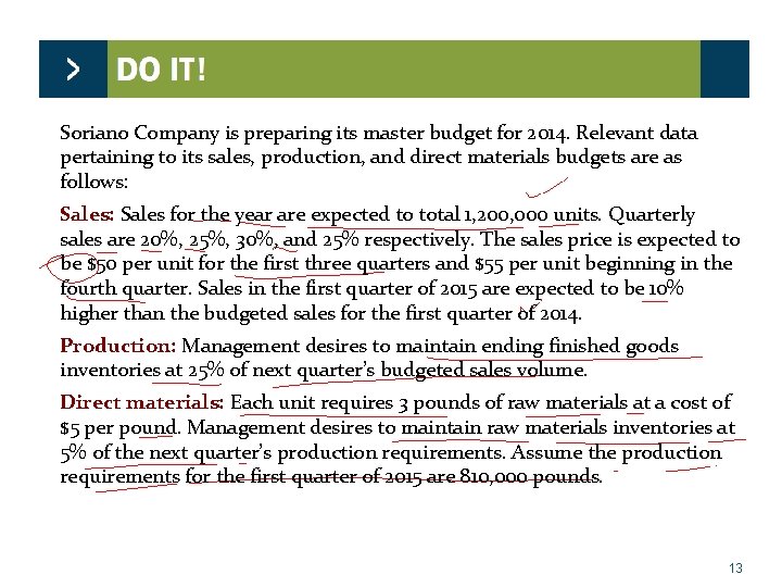 Soriano Company is preparing its master budget for 2014. Relevant data pertaining to its