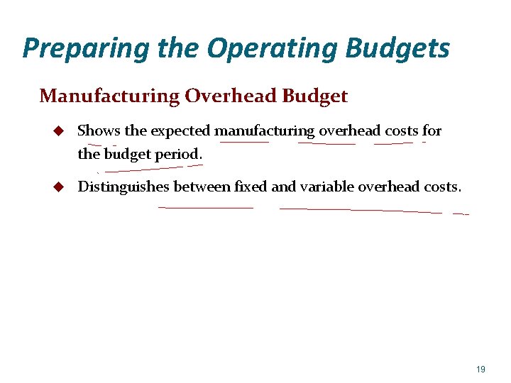 Preparing the Operating Budgets Manufacturing Overhead Budget u Shows the expected manufacturing overhead costs