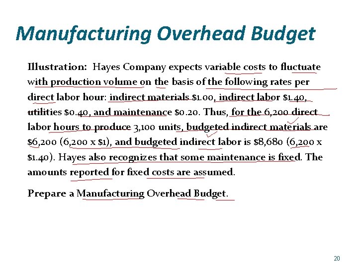 Manufacturing Overhead Budget Illustration: Hayes Company expects variable costs to fluctuate with production volume