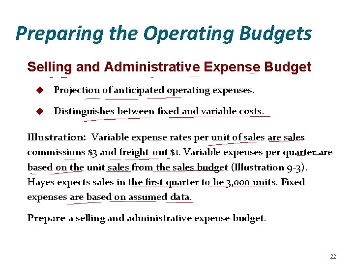 Preparing the Operating Budgets Selling and Administrative Expense Budget u Projection of anticipated operating